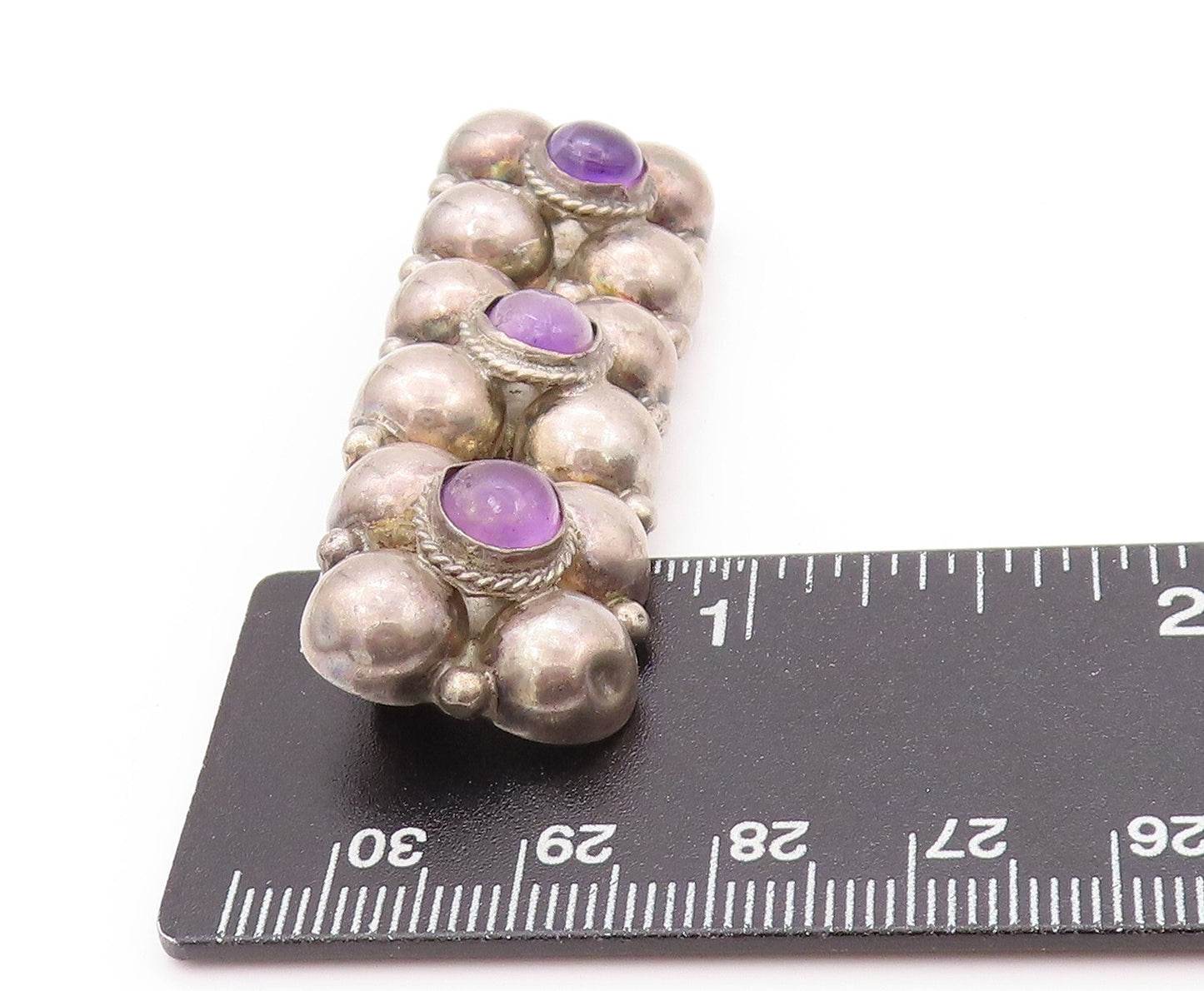 925 Sterling Silver Vintage Brooch MEXICO Cabochon Amethyst Flower Band  BP11537