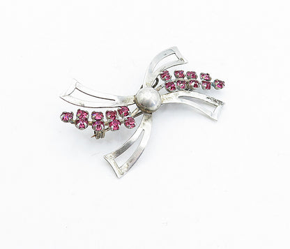 925 Sterling Silver  Vintage Pink Topaz Bow Tied Ribbon Brooch Pin  BP1232