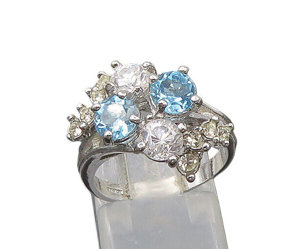 925 Silver  Vintage Blue Topaz & Cubic Zirconia Floral Band Ring Sz 6  RG21522