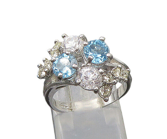 925 Silver  Vintage Blue Topaz & Cubic Zirconia Floral Band Ring Sz 6  RG21522