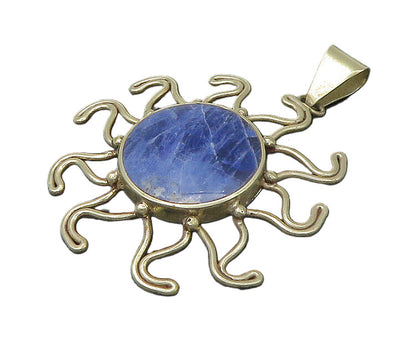 925 Sterling Silver  Vintage Inlaid Sodalite Shining Sun Motif Pendant PT18352