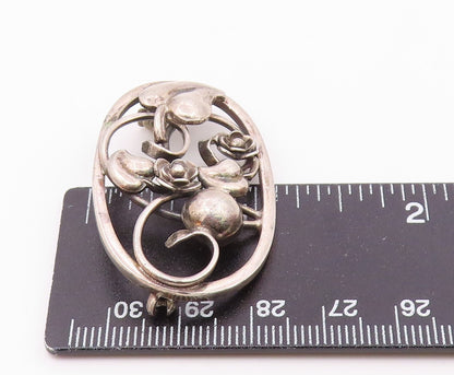 EUROPEAN 925 Sterling Silver Vintage Rose Flower Vine Cutout Brooch Pin BP9666