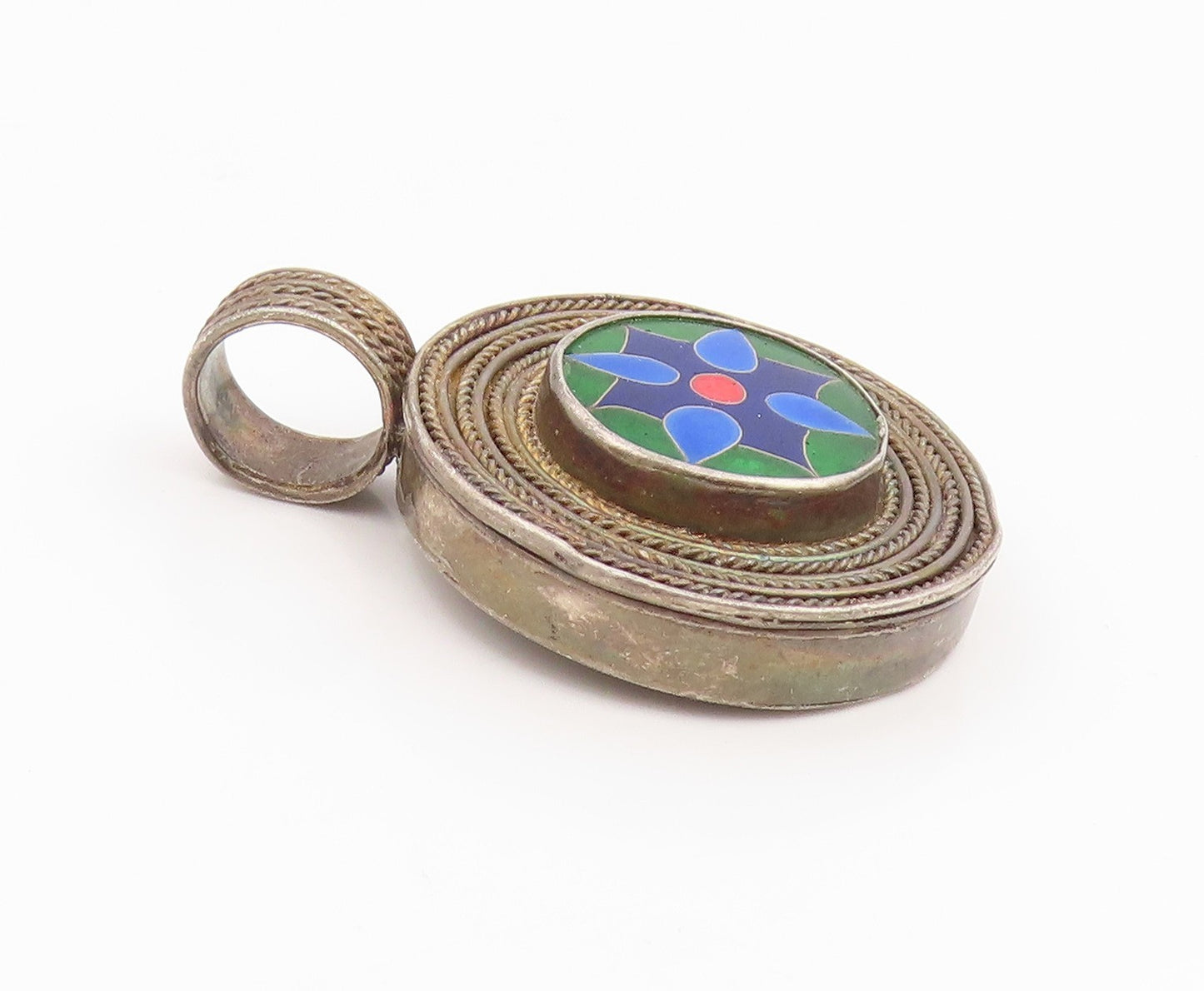 925 Sterling Silver Vintage Pendant Enamel Floral Design Medallion  PT25959