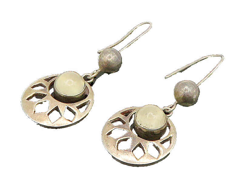 925 Sterling Silver  Vintage Cat's Eye & Ball Cut Out Dangle Earrings  EG11661