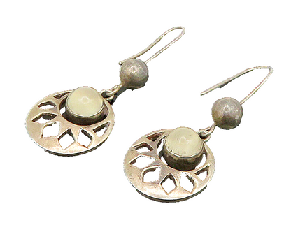 925 Sterling Silver  Vintage Cat's Eye & Ball Cut Out Dangle Earrings  EG11661