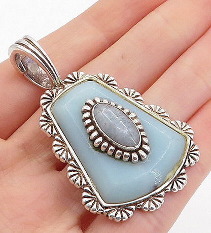 CAROLYN POLLACK 925 Silver  Vintage Gemstone Shiny Wavy Border Pendant PT4017