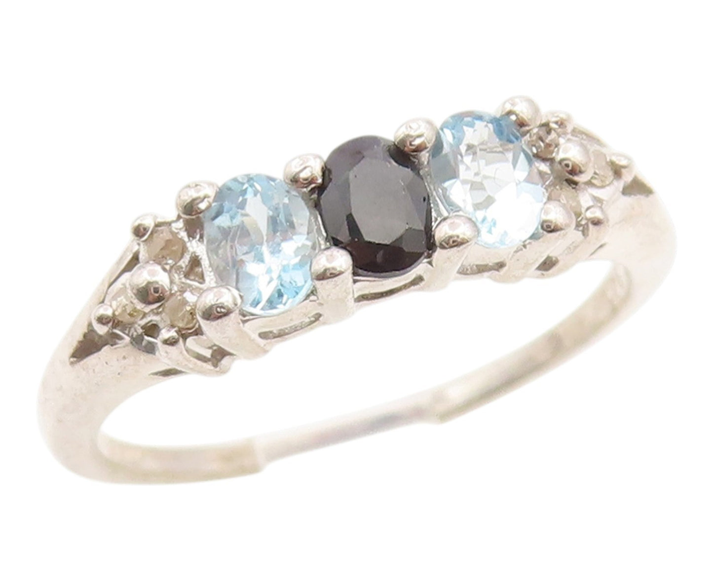925 Sterling Silver Vintage Ring Three Stone Onyx & Blue Topaz  Sz 6.5  RG36159