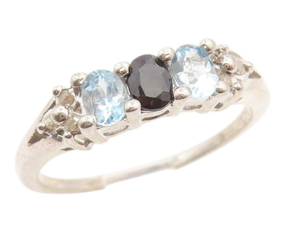 925 Sterling Silver Vintage Ring Three Stone Onyx & Blue Topaz  Sz 6.5  RG36159