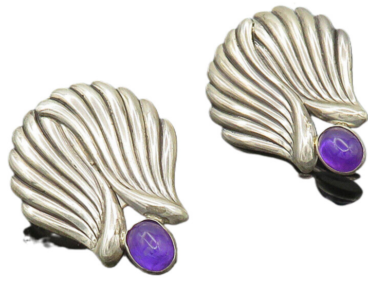 TULLA BOOTH 925 Silver  Vintage Cabochon Amethyst Non Pierce Earrings  EG10041