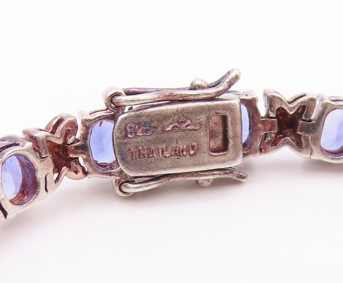 925 Sterling Silver Vintage Bracelet Oval Cut  Amethyst X Carved Links BT11254