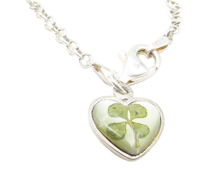 925 Silver  Vintage Topaz & Mother Of Pearl Clover Heart Chain Bracelet BT4595