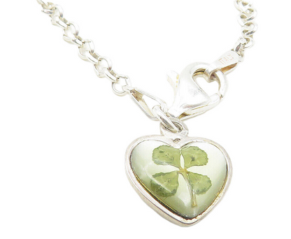 925 Silver  Vintage Topaz & Mother Of Pearl Clover Heart Chain Bracelet BT4595