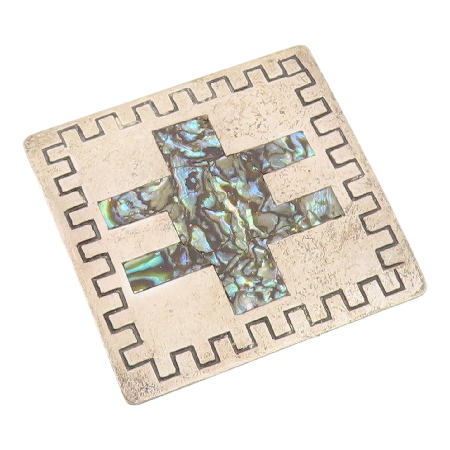 925 Sterling Silver Vintage Brooch Pin MEXICO Abalone Inlay Square  BP12436