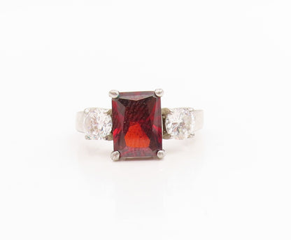 925 Sterling Silver Vintage Ring Classic Garnet & CZ Statement Band Sz 4 RG34781