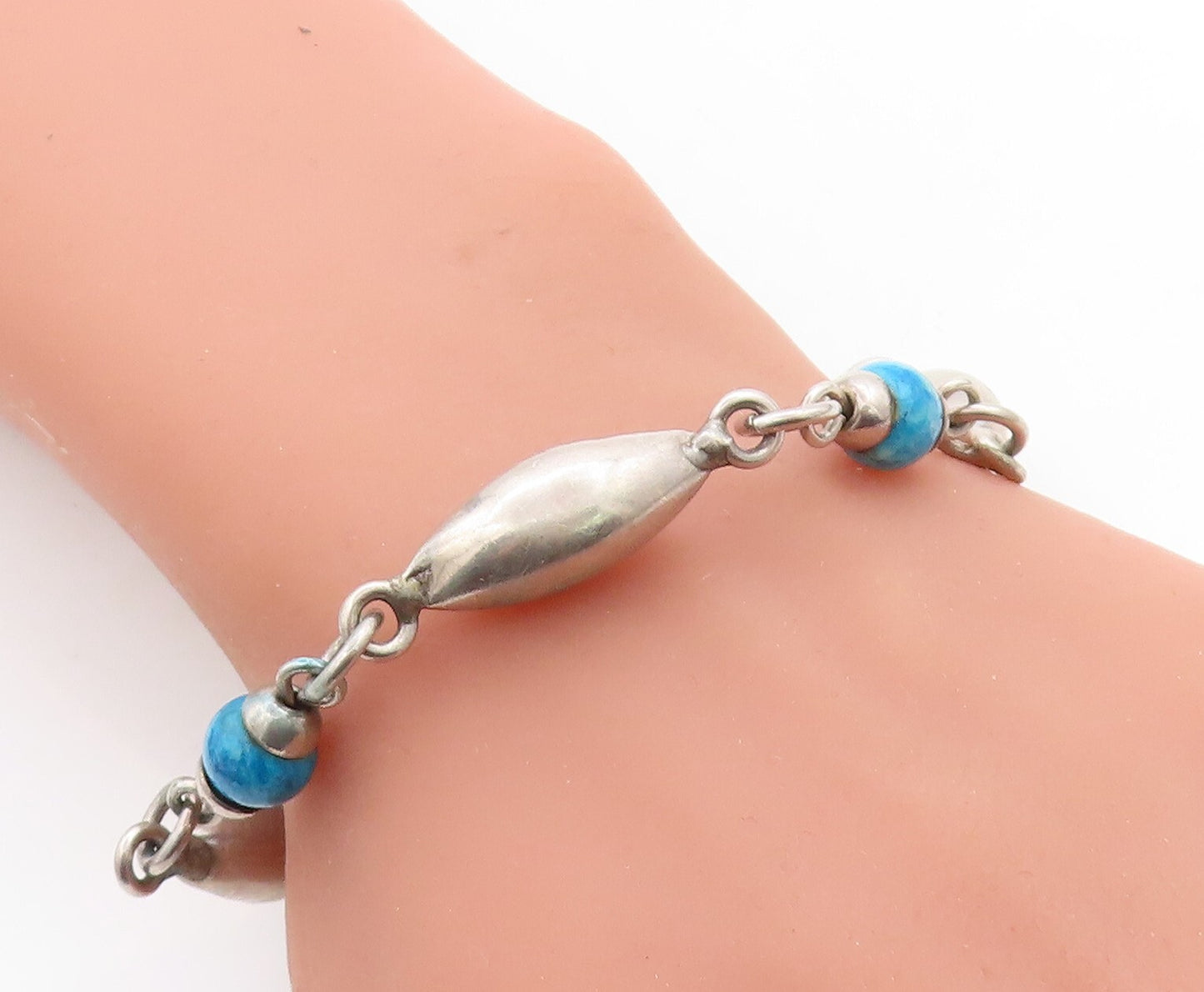 MEXICO 925 Sterling Silver  Vintage Turquoise Ball Bead Chain Bracelet  BT1892