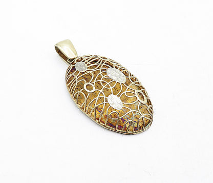 925 Sterling Silver  Vintage Two Tone Floral Swirl Oval Dome Pendant  PT3214