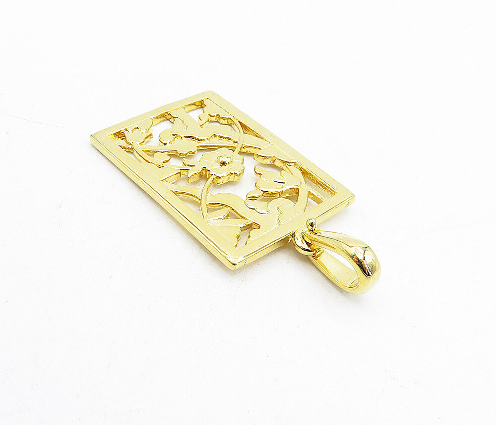 925 Sterling Silver  Shiny Gold Plated Floral Vine Square Drop Pendant  PT3712