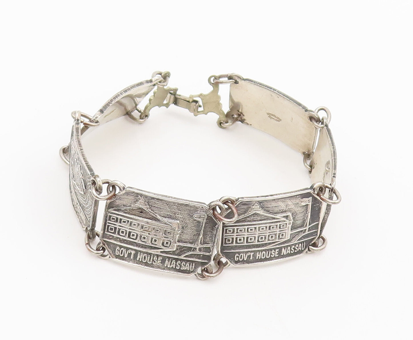 BMCO 925 Silver  Vintage Nassau Carved Landscape Souvenir Bracelet  BT10142