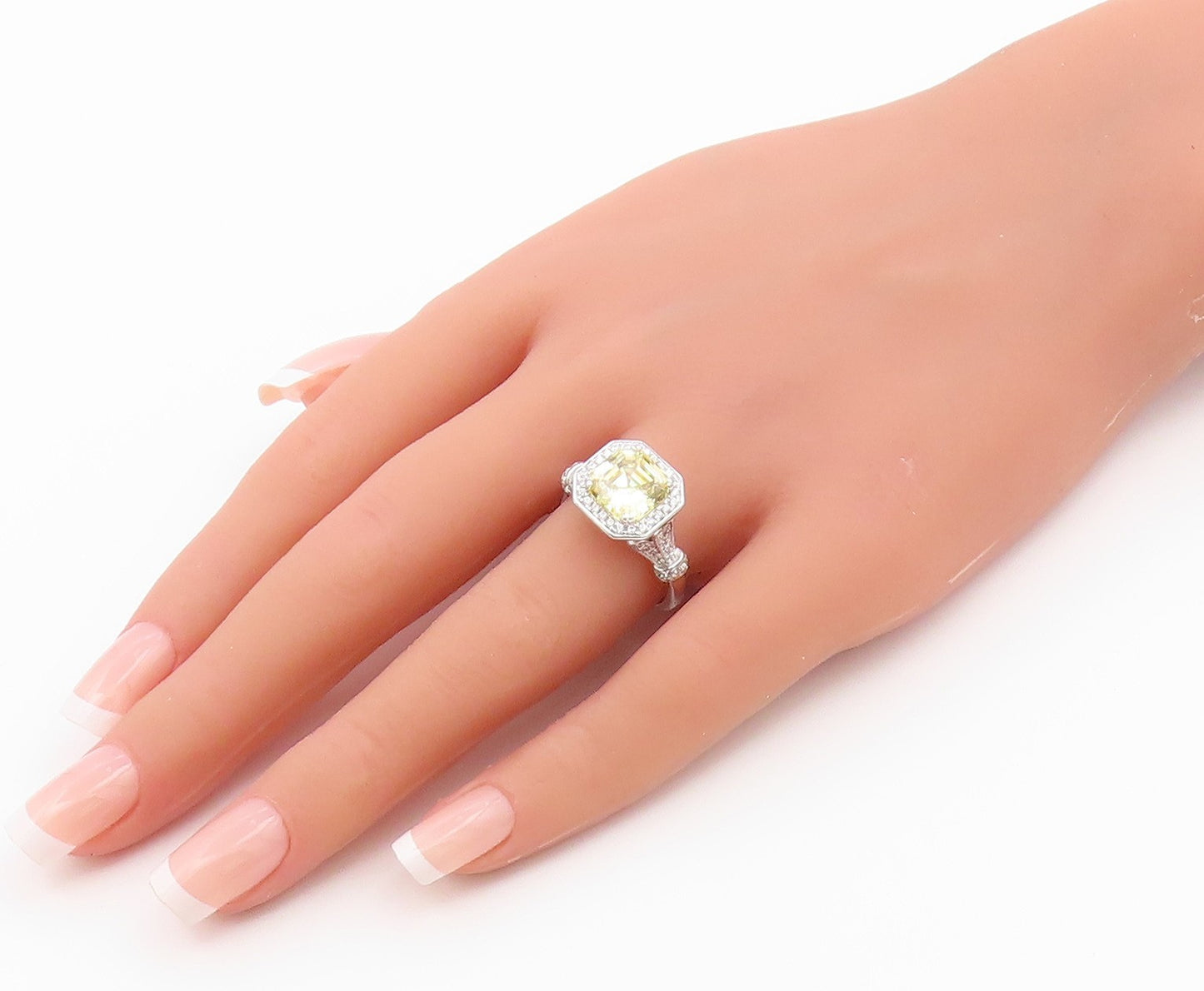 925 Sterling Silver Vintage Ring Citrine & CZ Octagon Halo Band  Sz 8  RG36576