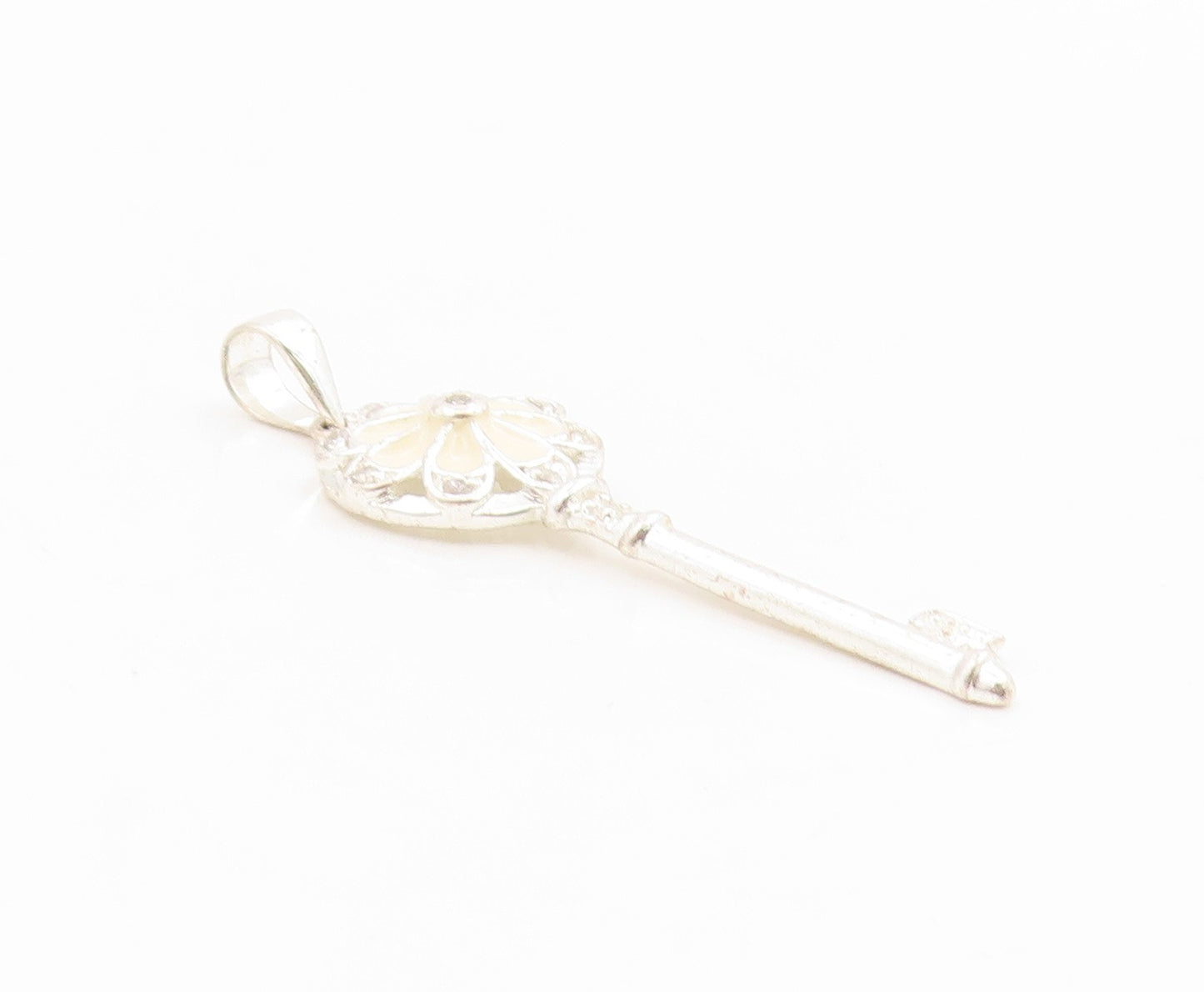 925 Sterling Silver Vintage Pendant Modernist Enamel CZ Floral Key Charm PT26192