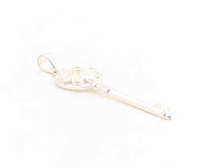 925 Sterling Silver Vintage Pendant Modernist Enamel CZ Floral Key Charm PT26192