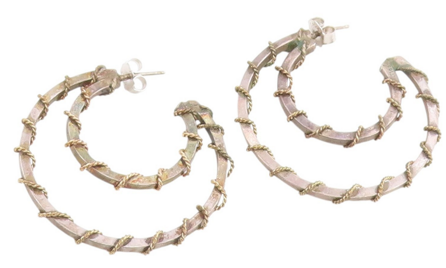 925 Sterling Silver Vintage Earrings Two Tone Twisted Rope Double Hoop  EG14322
