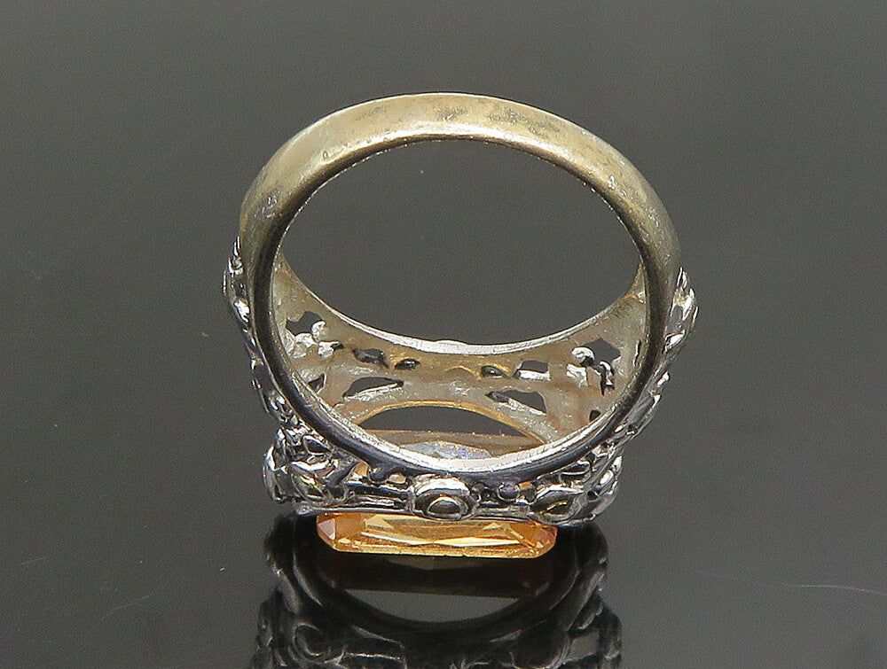 925 Silver  Vintage Orange Cubic Zirconia Beaded Detail Ring Sz 6.5  RG24783
