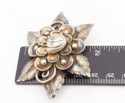 925 Sterling Silver Vintage Brooch Pin Carved Lotus Flower Blossom Motif BP12503