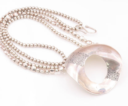 925 Sterling Silver Vintage Necklace Designer Beaded Chain Large Doughnut NE4279
