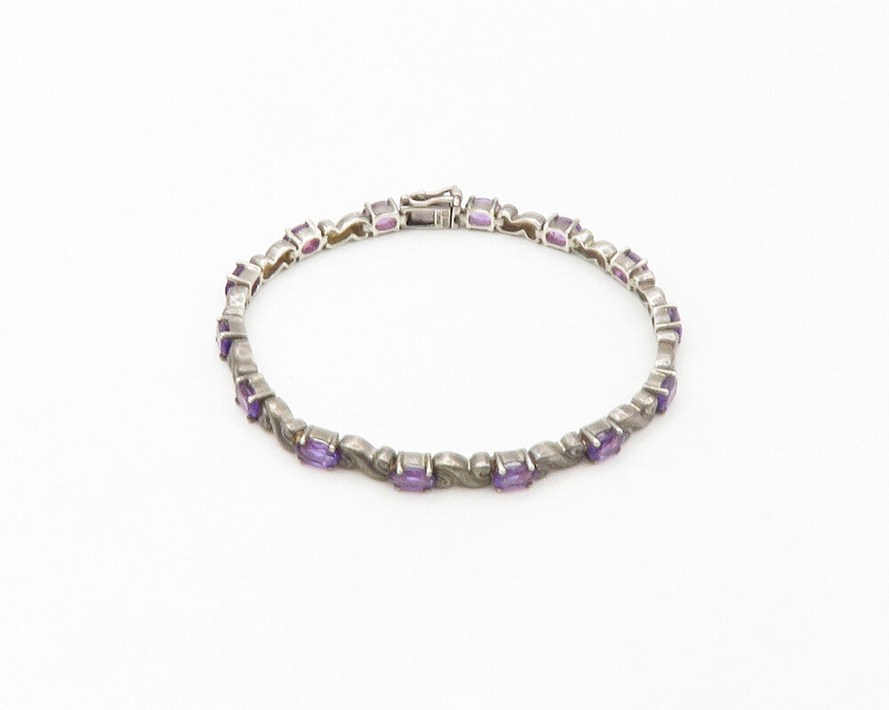 925 Sterling Silver  Vintage Amethyst & Dark Tone Swirl Chain Bracelet  BT6725