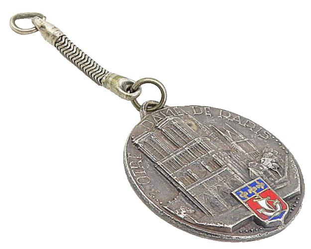 925 Sterling Silver  Vintage Antique Enamel Notre Dame Paris Key Chain  TR1359