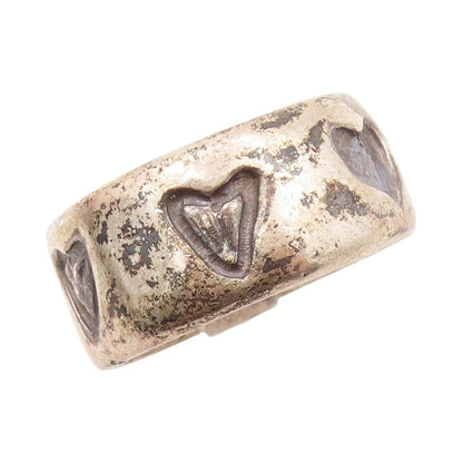 925 Sterling Silver Vintage Ring Dark Tone Etched Love Hearts  SZ 9.5  RG32008