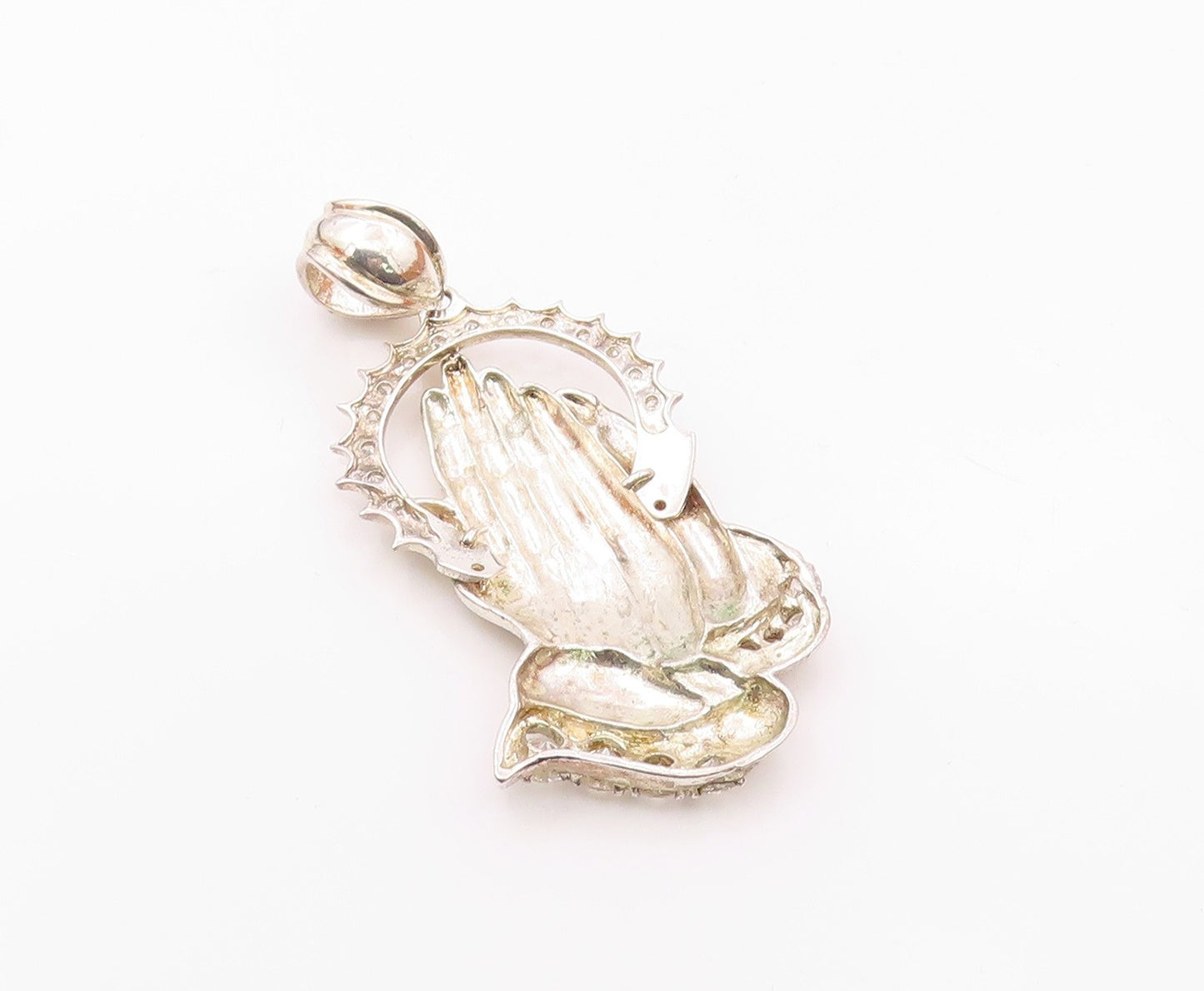 925 Silver  Vintage Cubic Zirconia Religious Prayer Hands Pendant  PT21018