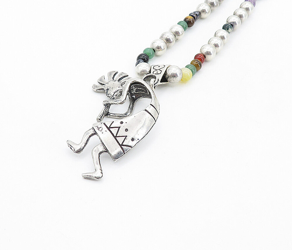 MASHA NAVAJO 925 Silver Vintage Multi Stone Kokopelli Chain Necklace NE1320