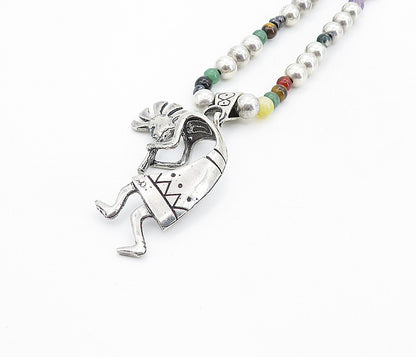 MASHA NAVAJO 925 Silver Vintage Multi Stone Kokopelli Chain Necklace NE1320