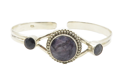 925 Sterling Silver  Vintage Faceted Grey Quartz Shiny Cuff Bracelet  BT5404