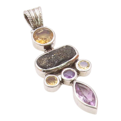 925 Sterling Silver  Vintage Amethyst Citrine & Druzy Hinge Pendant  PT17992