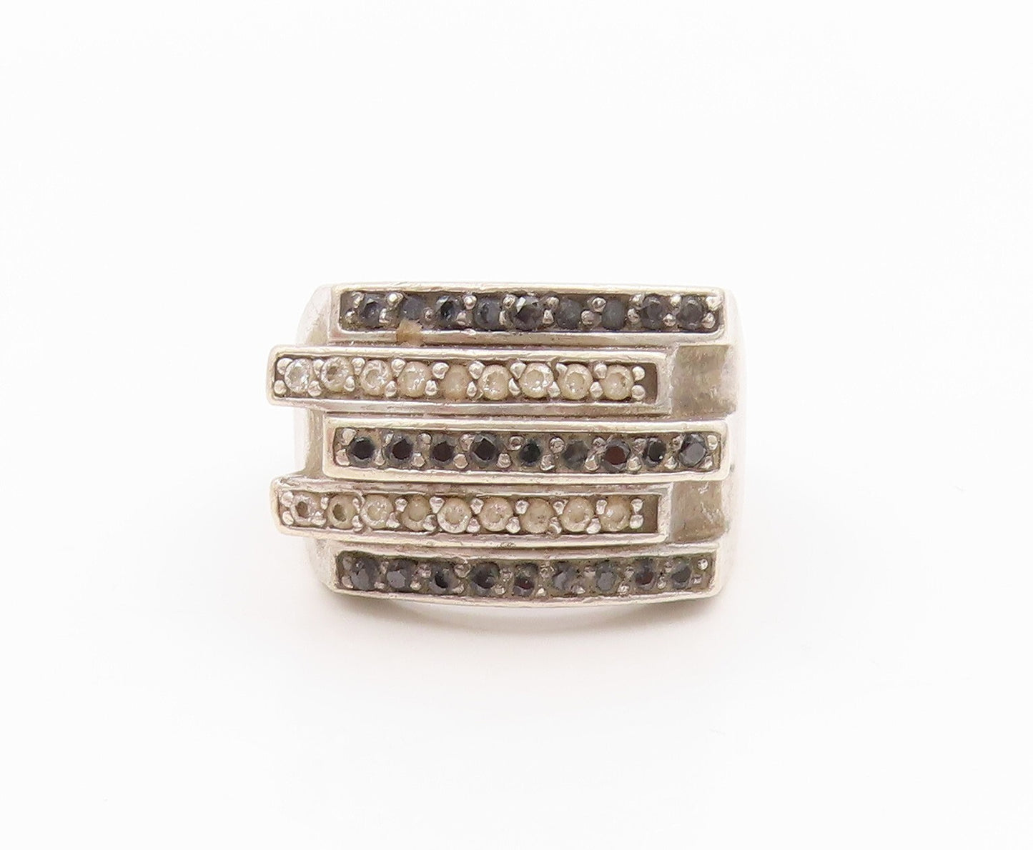 925 Sterling Silver Vintage Ring Cutout Spinel Topaz Inlay Bands Sz 8 RG31841