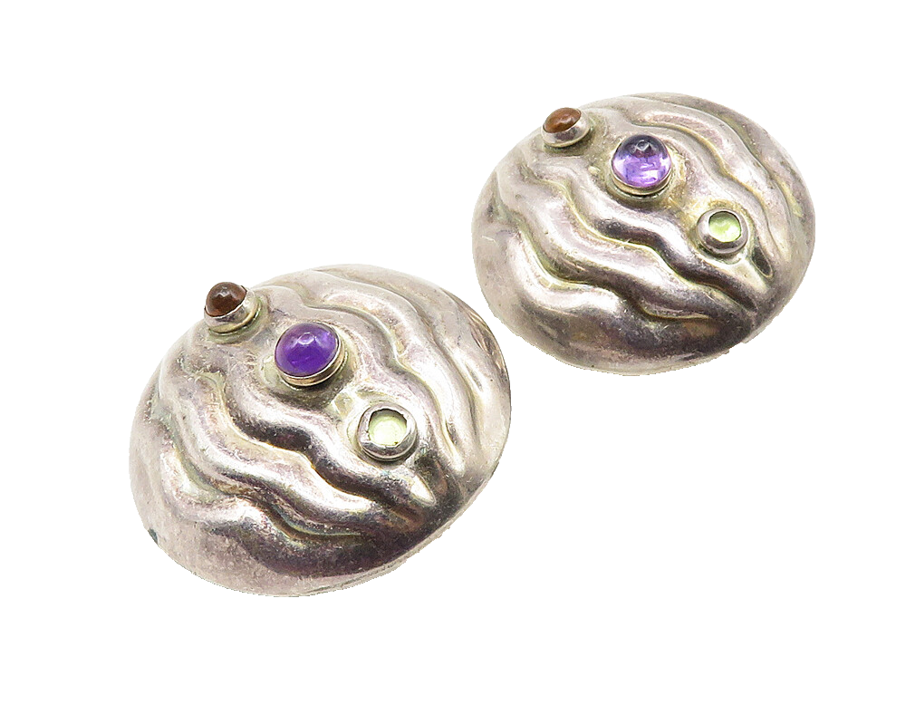925 Silver  Vintage Amethyst Peridot & Citrine Non Pierce Earrings  EG5617