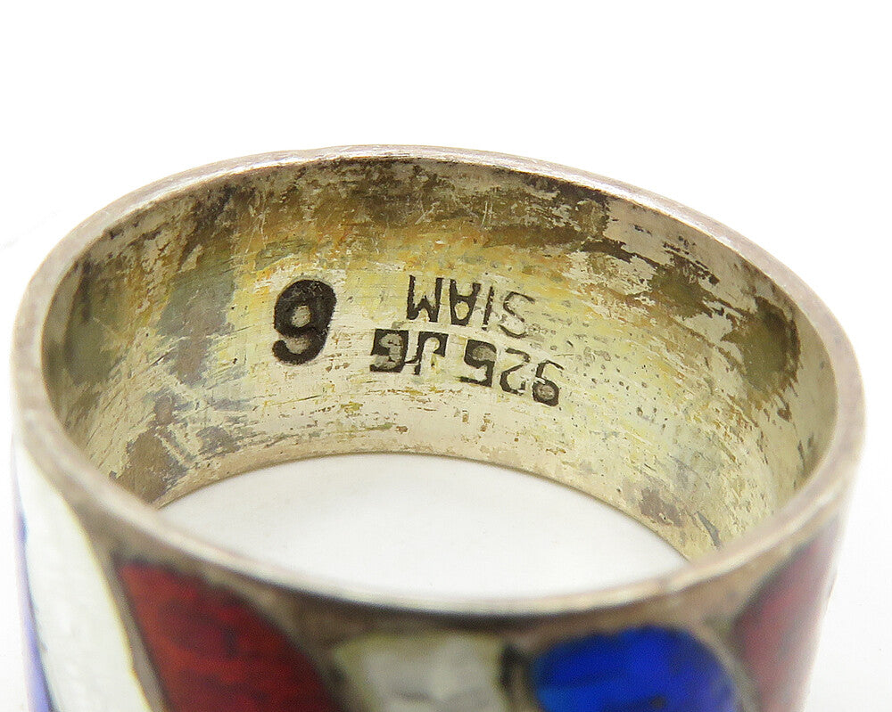 SIAM 925 Sterling Silver  Vintage Enamel Coated Pattern Band Ring Sz 6 RG17563
