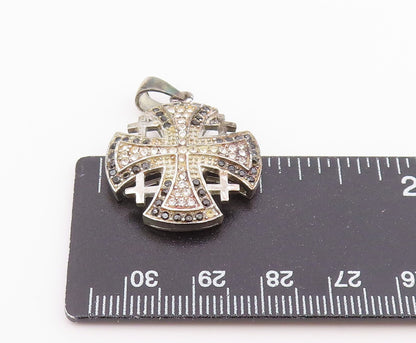 925 Sterling Silver Vintage Pendant Black & White CZ Jerusalem Cross  PT26362