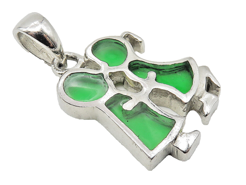 925 Sterling Silver  Kissing Couple Shiny Green Glass Art Drop Pendant  PT8387