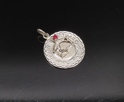 925 Silver  Vintage Engraved Merry Christmas Garnet Medal Pendant  PT21096