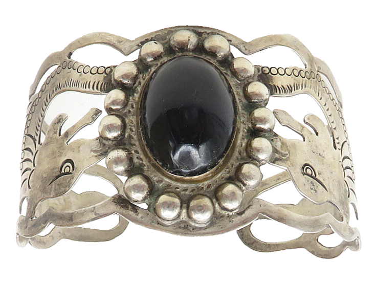 MEXICO 925 Sterling Silver  Vintage Black Onyx Dragons Cuff Bracelet  BT4459