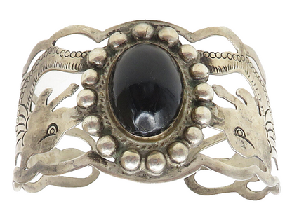 MEXICO 925 Sterling Silver  Vintage Black Onyx Dragons Cuff Bracelet  BT4459