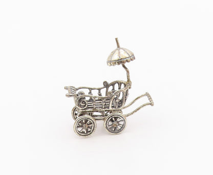 925 Sterling Silver  Vintage Shiny Old Fashioned Baby Carriage Trinket  TR1823