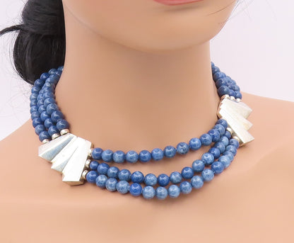 925 Sterling Silver Vintage Gemstone Beads Fluted Abstract Necklace  NE3971