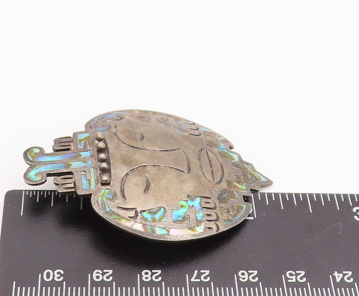 925 Sterling Silver Vintage Brooch Pin MEXICO Etched Abalone Inlay Face  BP11145