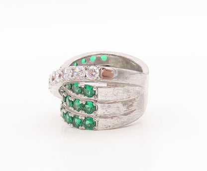 925 Sterling Silver Vintage Ring Designer Green & White CZ Bands  Sz 7  RG29593