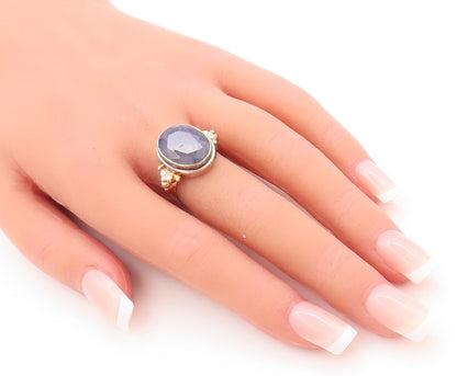 925 Sterling Silver Vintage Ring Beaded Oval Cut Blue Gemstone Sz 7  RG29700